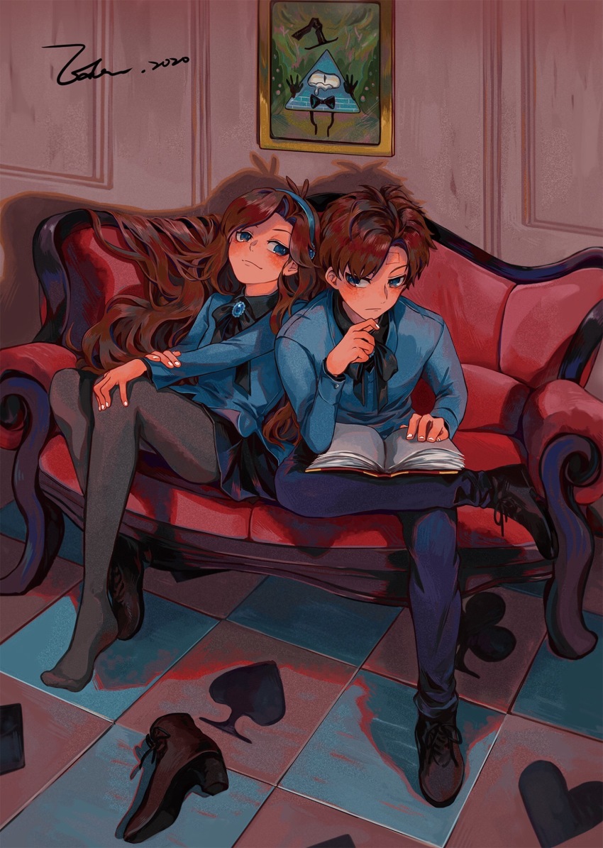 1boy 1girl bill_cipher black_bow black_bowtie black_footwear black_pantyhose black_skirt blue_gemstone blue_shirt book bow bowtie brooch brother_and_sister brown_hair checkered_floor closed_mouth club_(shape) collared_shirt constellation couch cross-laced_footwear crossed_legs diamond_(shape) dipper_gleeful dipper_pines eden_(eden871225) facial_mark forehead_mark frown gem gravity_falls grey_pantyhose hairband hand_on_own_arm hand_up heart high_heels highres indoors jewelry knees_up leaning_back long_hair long_sleeves mabel_gleeful mabel_pines miniskirt nail_polish no_shoes open_book outstretched_arm painting_(object) pantyhose picture_frame playing_card_theme pleated_skirt reclining reverse_falls_(gravity_falls) shadow shirt shoes unworn_shoes short_hair siblings single_shoe sitting skirt smirk spade_(shape) tears twins very_long_hair wall white_nails will_cipher