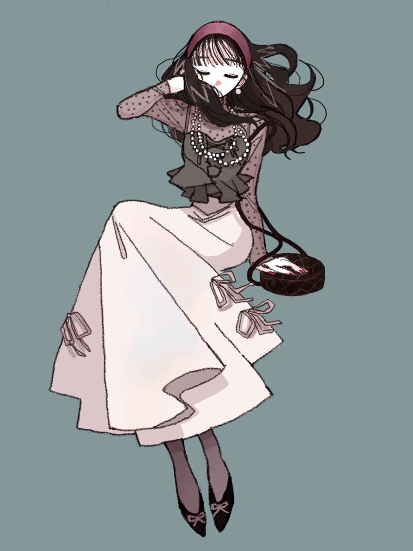 1girl adjusting_hair bag black_hair black_shoes bow choppy_bangs closed_eyes earrings facing_viewer fingernails green_background green_tank_top hair_over_mouth hairband hand_in_own_hair highres invisible_chair jewelry legs_together long_hair long_skirt long_sleeves nail_polish necklace original pearl_necklace polka_dot polka_dot_shirt red_nails see-through_clothes see-through_shirt shirt shoes shoulder_bag simple_background sitting skirt solo tank_top white_skirt yasu_urayaka