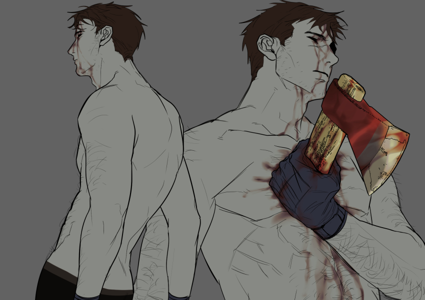 1boy afraid_of_monsters arm_hair axe black_gloves blood blood_from_forehead blood_on_body blood_on_face brown_hair chest_hair david_leatherhoff empty_eyes fire_axe gloves head_tilt highres holding holding_axe impaled ju-san male_focus messy_hair multiple_views no_shirt short_hair the_addiction_(afraid_of_monsters) toned toned_male upper_body