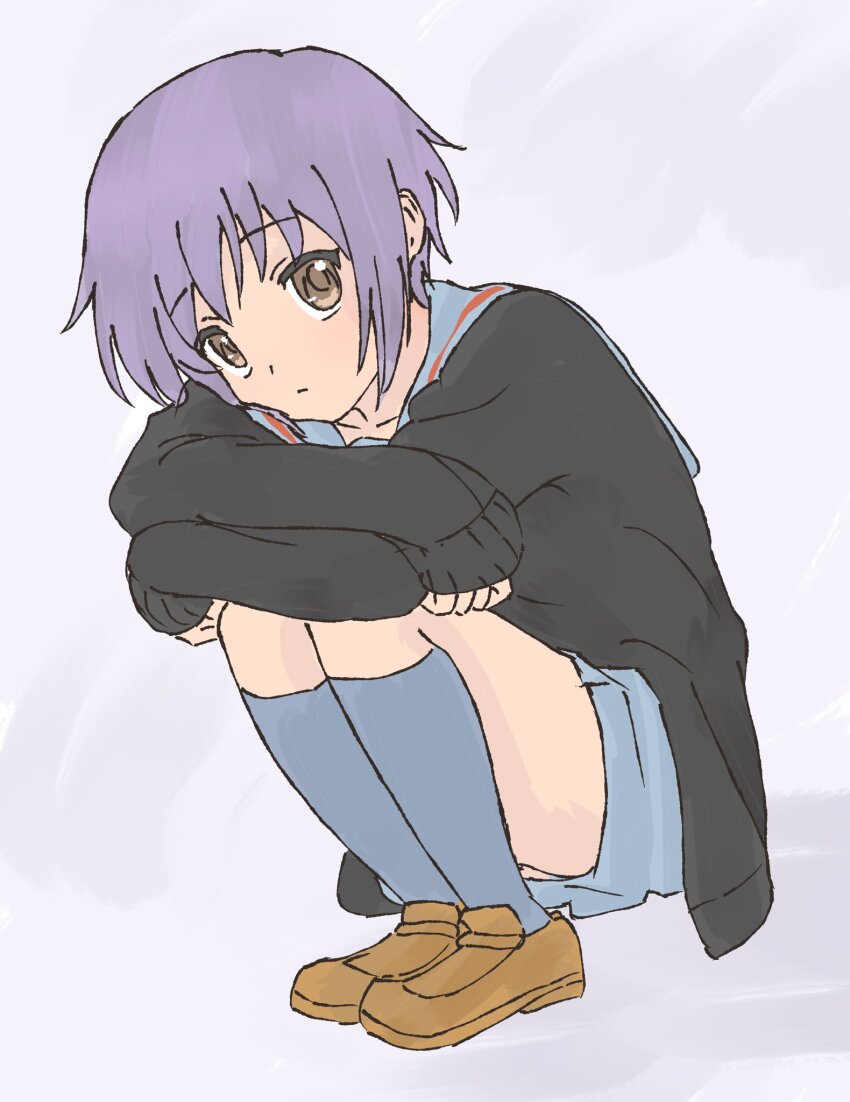 1girl black_cardigan blue_sailor_collar blue_skirt blue_socks brown_eyes brown_shoes cardigan collarbone full_body hands_on_own_knees head_on_own_shoulder highres invisible_floor kita_high_school_uniform kneehighs legs_together loafers long_sleeves looking_up nagato_yuki purple_hair sailor_collar school_uniform serafuku shoes short_hair skirt slav_squatting sleeves_past_wrists socks solo squatting suzumiya_haruhi_no_yuuutsu waka_849 winter_uniform