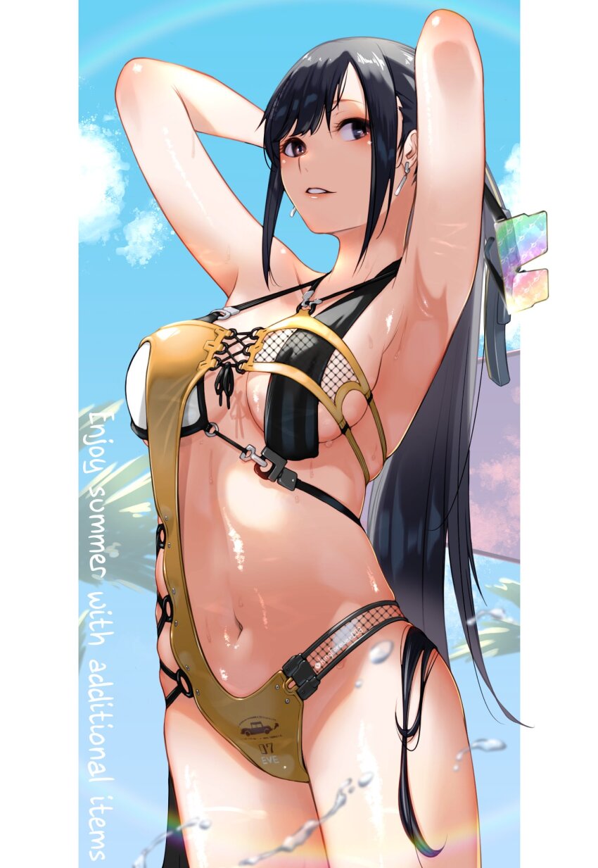 1girl armpits arms_behind_head bikini black_hair blue_sky blunt_bangs breasts brown_eyes commentary_request earrings english_text eve_(stellar_blade) fune_(fune83ojj) highres jewelry large_breasts long_hair looking_at_viewer multicolored_bikini navel outdoors parted_lips ponytail sky solo stellar_blade swimsuit very_long_hair wave_diver_bikini_(stellar_blade)