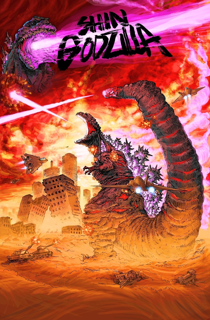 aircraft airplane atomic_breath attack bill_couture breath_weapon city destruction dinosaur energy energy_beam fighter_jet giant giant_monster glowing godzilla godzilla_(series) godzilla_(shin) highres kaiju military military_vehicle monster motor_vehicle mouth_beam multiple_heads night no_humans plasma plasma_beam sharp_teeth shin_godzilla smoke tail tail_beam tail_head tank teeth toho violence