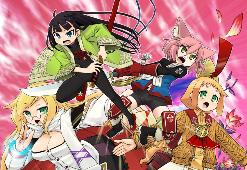4girls 7th_dragon 7th_dragon_(series) animal_ears bike_shorts bodystocking bodysuit breasts cameltoe cat_ears cleavage fighter_(7th_dragon) fighting_stance glasses green_eyes harukara_(7th_dragon) healer_(7th_dragon) mage_(7th_dragon) minami_juujisei mol_(7th_dragon) multiple_girls pince-nez ran_(7th_dragon) ready_to_draw samurai_(7th_dragon) samurai_(7th_dragon) short_hair spandex sword vanessa_(7th_dragon) weapon