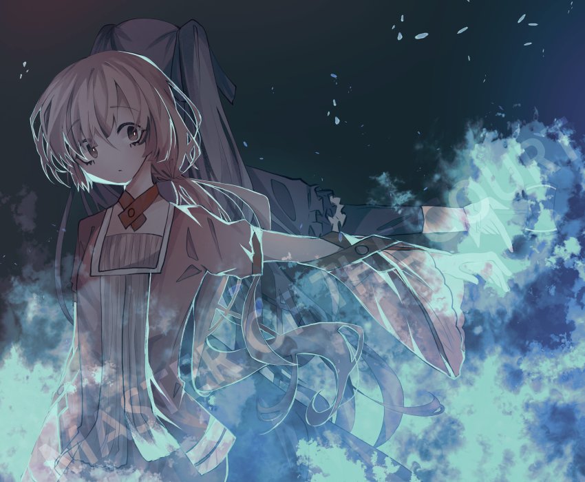 2girls absurdres back-to-back blouse blue_dress blue_fire choker clockworker&#039;s_doll dress embers evillious_nendaiki fire flat_chest frilled_cuffs frilled_dress frills gavel hair_ribbon hammer hatsune_miku highres holding holding_hammer houtei_no_nushi irina_clockworker kanyoru long_hair looking_at_viewer master_of_the_court_(vocaloid) multiple_girls nekomura_iroha outstretched_arm pink_hair pink_shirt ponytail pyrokinesis ribbon shirt song_name spoilers twintails very_long_hair vocaloid wide_sleeves