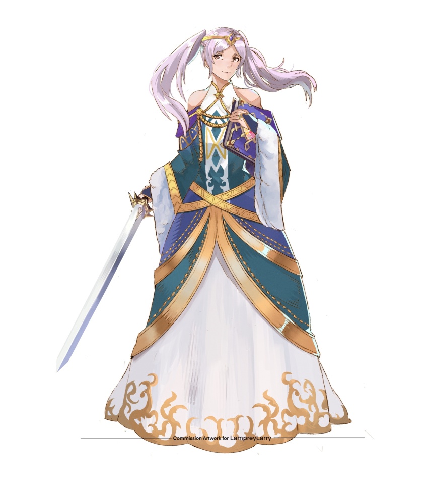 1girl alternate_costume book breasts closed_mouth commentary commission commissioner_name dress english_commentary english_text female_robin_(fire_emblem) fire_emblem fire_emblem_awakening full_body grey_hair highres holding holding_book holding_sword holding_weapon long_dress long_hair looking_at_viewer nintendo rod_langhi simple_background sleeveless sleeveless_dress smile solo standing sword twintails weapon white_background white_dress