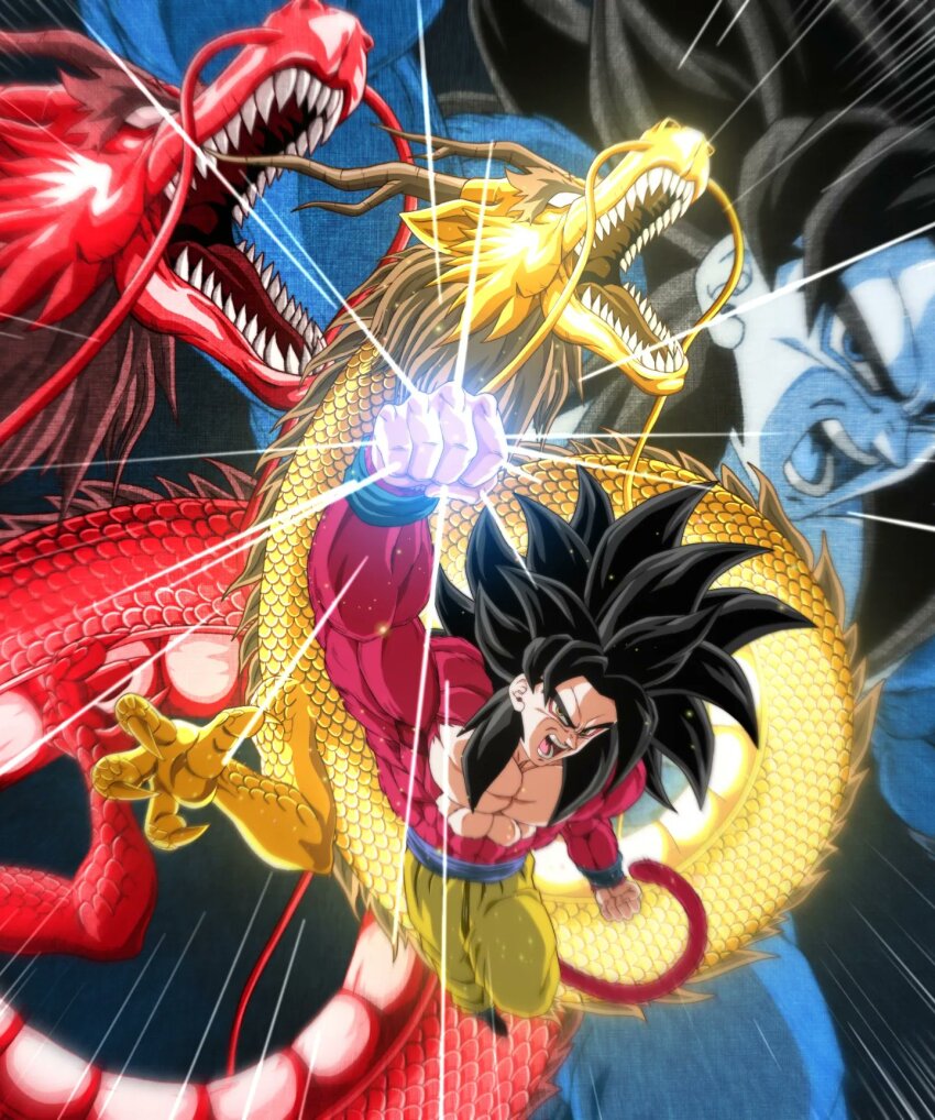 1boy black_hair blue_sash body_fur charging_forward clenched_hands dougi dragon dragon_ball dragon_ball_gt dragon_fist_(dragon_ball) eastern_dragon elucestudio gold_skin highres incoming_attack long_hair looking_at_viewer male_focus monkey_boy monkey_tail muscular muscular_male open_mouth pants pectorals punching red_fur saiyan sash solo son_goku spiked_hair super_saiyan super_saiyan_4 tail teeth wristband yellow_eyes yellow_pants yellow_scales