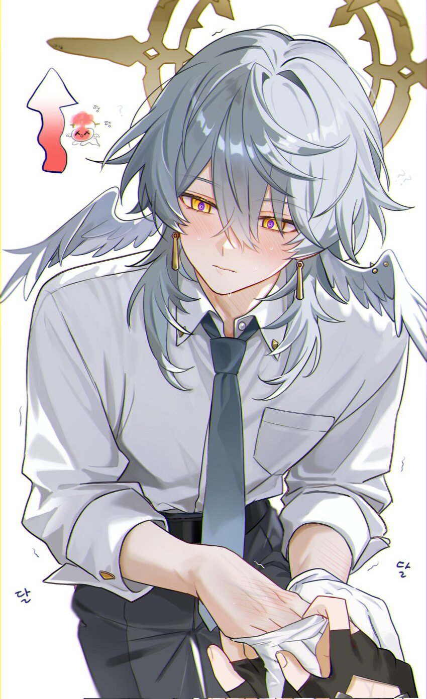 2boys a20190422 belt black_belt black_gloves black_pants blue_necktie blush caelus_(honkai:_star_rail) closed_mouth collared_shirt earrings feathered_wings fingerless_gloves gloves grey_hair hair_between_eyes halo halo_behind_head head_wings highres honkai:_star_rail honkai_(series) jewelry long_hair long_sleeves male_focus multiple_boys necktie pants piercing removing_glove shirt simple_background sunday_(honkai:_star_rail) trailblazer_(honkai:_star_rail) white_background white_gloves white_shirt white_wings wing_piercing wings yaoi yellow_eyes