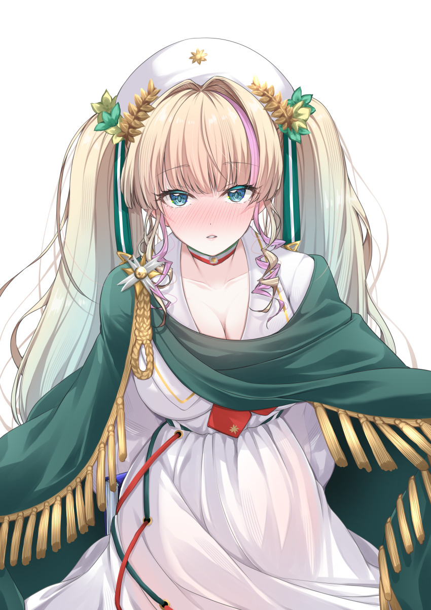 1girl absurdres aqua_eyes azur_lane blonde_hair blush breasts cleavage collarbone giosue_carducci_(azur_lane) hair_intakes highres large_breasts long_hair looking_at_viewer medal mikuchi3939 multicolored_hair parted_lips purple_hair simple_background solo streaked_hair twintails white_background white_hair