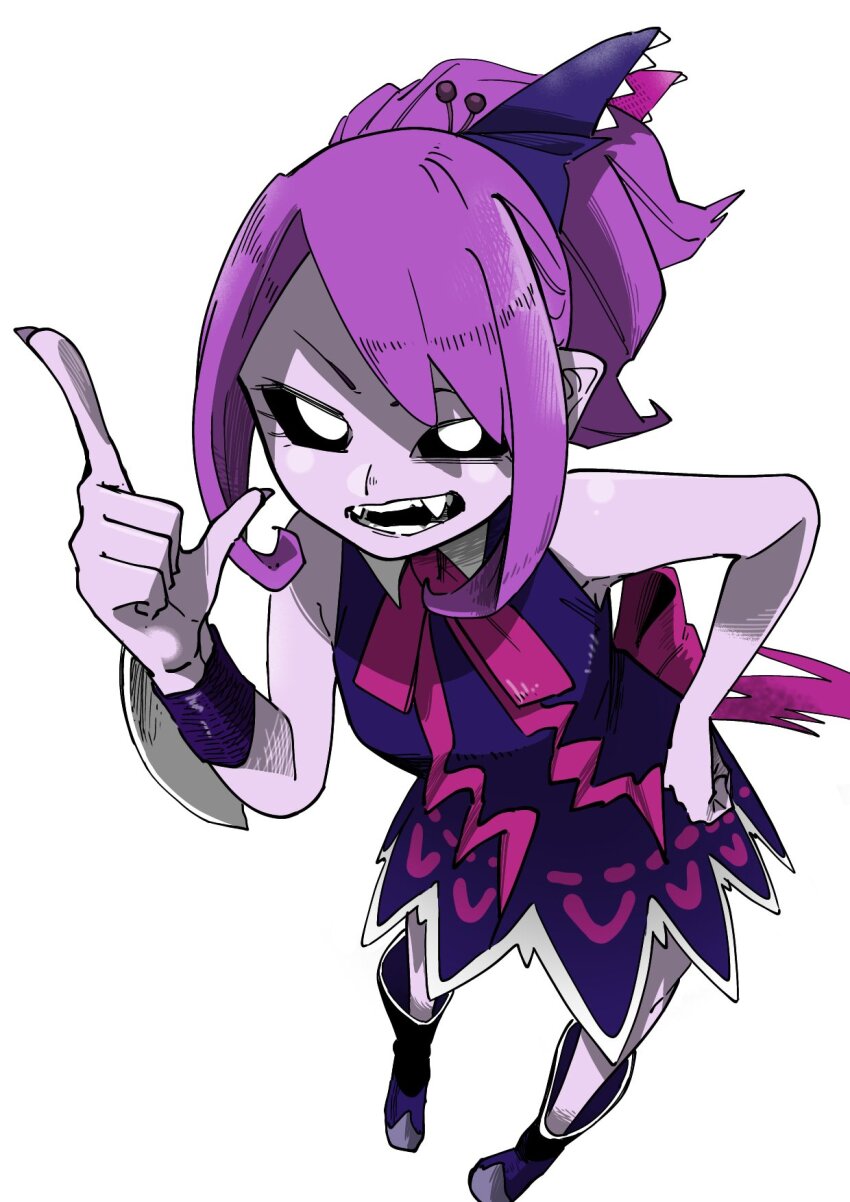 1girl alternate_hairstyle black_dress black_sclera bow colored_sclera colored_skin demon_girl dress fangs full_body gavucchi hair_ornament highres index_finger_raised long_hair looking_at_viewer musume_(yuunama) nail_polish open_mouth pointy_ears purple_hair purple_skin simple_background skirt sleeveless sleeveless_dress smile solo white_background yuusha_no_kuse_ni_namaiki_da
