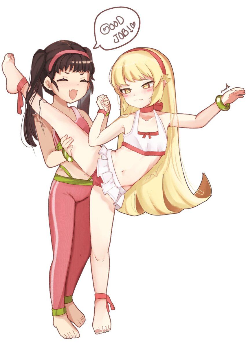 2girls alternate_costume barefoot bikini blonde_hair blush brown_hair closed_eyes closed_mouth collarbone embarrassed english_text fang female_focus flat_chest full_body gloves green_panties hachikuji_mayoi hairband happy highres holding_hands leg_up leggings loli long_hair looking_down matching_hair/eyes meemz_a monogatari_(series) multicolored_bikini multiple_girls navel open_mouth oshino_shinobu outstretched_arm panties panty_straps pink_leggings pink_sports_bra red_bikini red_hairband simple_background skin_fang smile speech_bubble sports_bra standing standing_on_one_leg swimsuit toenails toes twintails two-tone_bikini underwear vampire white_background white_bikini yellow_eyes