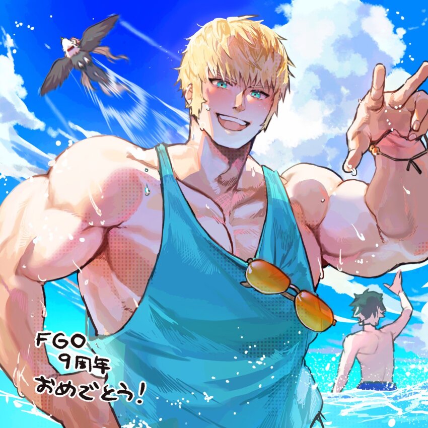2boys :d anniversary aqua_tank_top bara biceps bird blonde_hair blue_eyes blush character_request charlemagne_(fate) cowboy_shot day fate/grand_order fate_(series) highres large_pectorals looking_at_viewer male_focus multicolored_hair multiple_boys muscular muscular_male open_mouth pectoral_cleavage pectorals roland_(fate) shiratori_yokikana short_hair sidepec smile solo_focus standing streaked_hair summer sweat tank_top translation_request upper_body waving