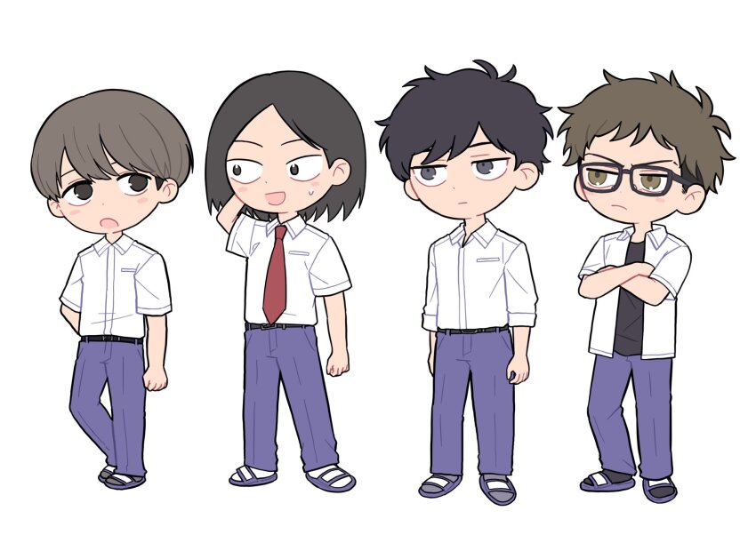 4boys :d :o :| black-framed_eyewear black_eyes black_hair black_socks blush breast_pocket brown_eyes brown_hair chibi chibi_only closed_mouth collared_shirt commentary_request crossed_arms dress_shirt eyebrow_cut full_body futsuu_no_keion-bu grey_eyes grey_socks hand_on_own_head highres jitome male_focus mizuo_haruichi multiple_boys necktie open_clothes open_mouth open_shirt osada_sushi pants pocket protocol._(futsuu_no_keion-bu) purple_pants purple_sandals red_necktie sandals school_uniform shirt shirt_tucked_in short_sleeves simple_background slides small_sweatdrop smile socks standing summer_uniform taguchi_ryuuya takami_kouki tohno_gen undershirt v-shaped_eyebrows white_background white_shirt white_socks wing_collar