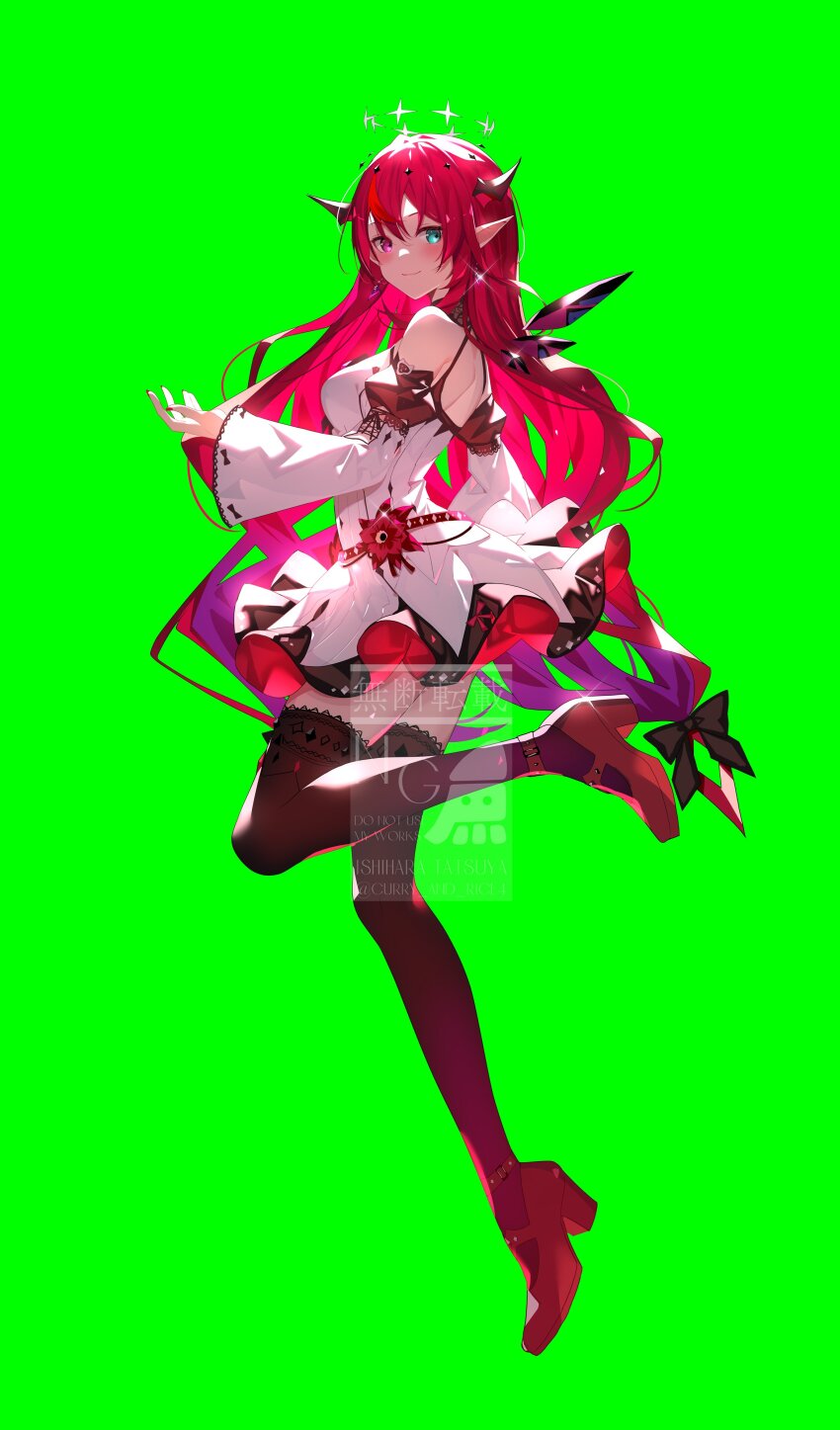 1girl absurdres bilingual_commentary blue_eyes card_(medium) closed_mouth commentary crystal_wings detached_sleeves detached_wings double_halo dress dress_flower earrings english_commentary flower full_body green_background halo heterochromia highres hololive hololive_english horns irys_(hololive) irys_(irys_2.0)_(hololive) ishihara_(kuniyoshi) jewelry juliet_sleeves lace lace-trimmed_thighhighs lace_trim long_hair long_sleeves looking_at_viewer mixed-language_commentary pink_eyes pointy_ears puffy_sleeves purple_hair purple_thighhighs red_shoes shoes short_dress simple_background sleeveless sleeveless_dress smile solo star_halo strappy_heels thighhighs very_long_hair virtual_youtuber watermark white_dress white_sleeves wide_sleeves wings