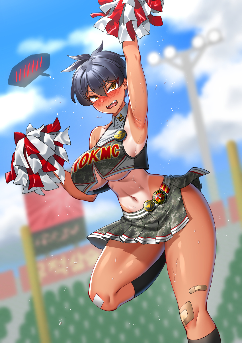 1girl absurdres arm_up armpits bandaid bandaid_on_leg black_hair blush breasts camouflage camouflage_skirt cheerleader collarbone commentary dark_skin dutch_angle english_commentary hair_between_eyes hand_up highres hitch_(perotoss) kneehighs large_breasts looking_at_viewer navel original outdoors pleated_skirt pom_pom_(cheerleading) republic_of_korea_marine_corps sergeant_joo sharp_teeth short_hair sideboob skirt sleeveless slit_pupils socks solo spoken_blush stadium standing standing_on_one_leg sweat tan tanline teeth tomboy underboob upper_teeth_only
