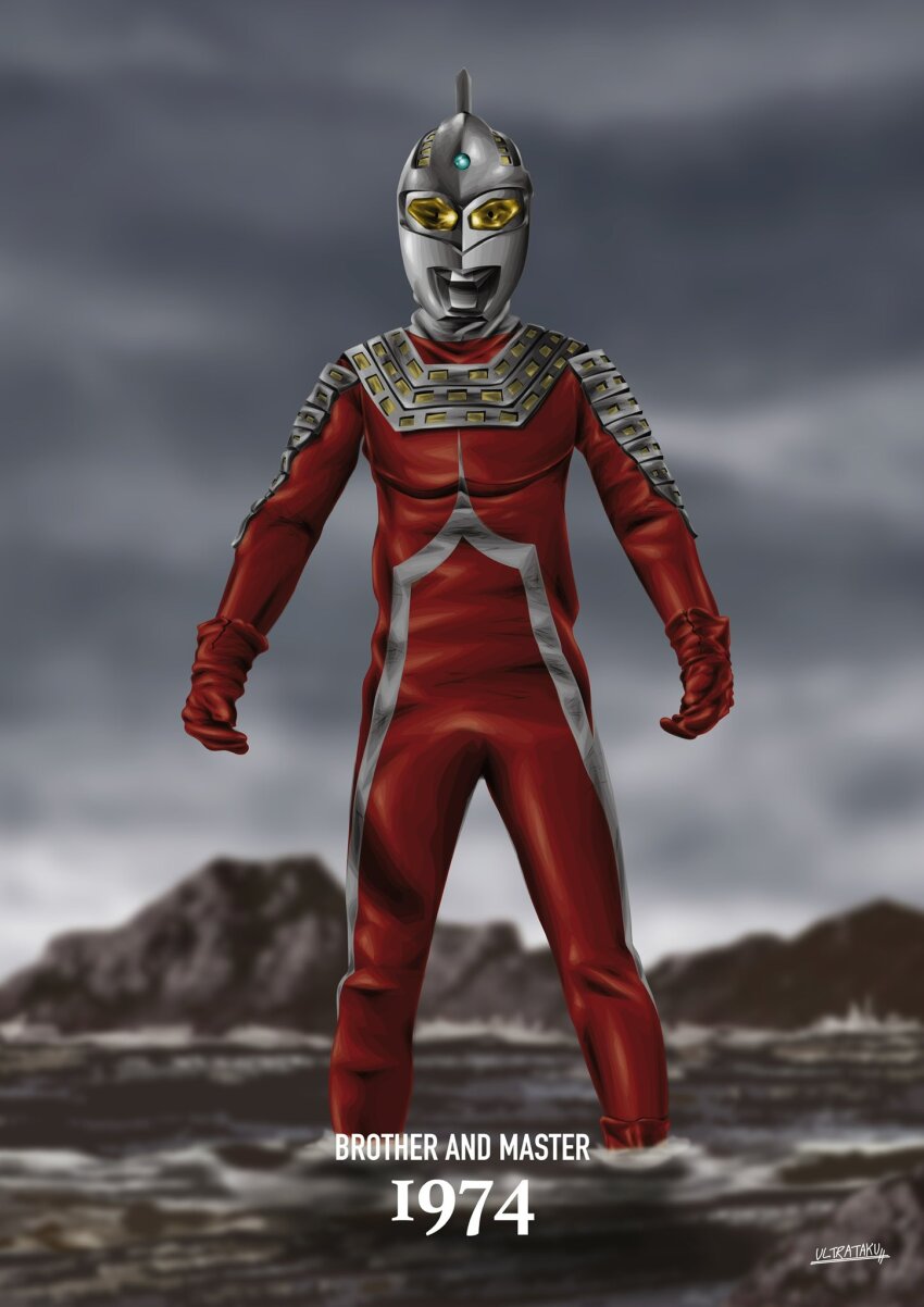 1974 1boy alien armor artist_name blue_gemstone blurry blurry_background boots breastplate cloud cloudy_sky colored_skin commentary english_text eye_slugger forehead_jewel gem gloves glowing glowing_eyes highres legs_apart looking_at_viewer male_focus mountainous_horizon multicolored_skin no_ears ocean outdoors overcast pectorals red_boots red_gloves red_skin shoulder_armor signature silver_skin sky solo standing tokusatsu toned toned_male two-tone_skin ultra_series ultraman_leo_(series) ultraseven ultrataku wading wrinkled_skin yellow_eyes
