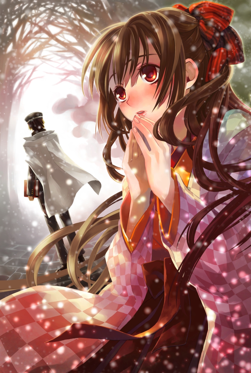 1boy 1girl back blush book brown_hair cape gakuran hat highres meiji_schoolgirl_uniform minami_seira original red_eyes school_uniform shako_cap snow taishou_era