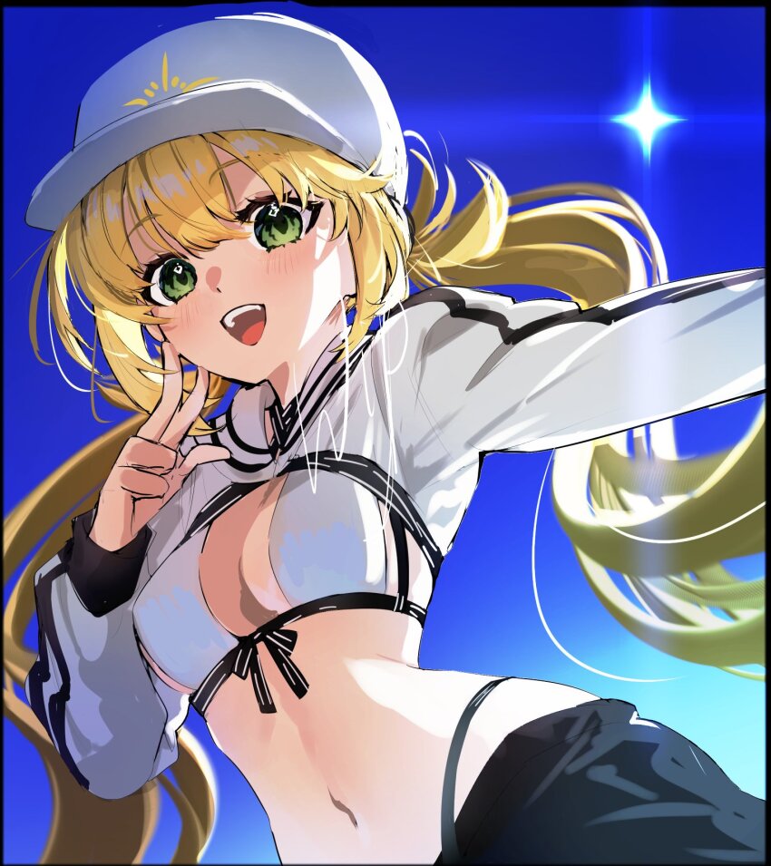 1girl artoria_caster_(fate) artoria_caster_(swimsuit)_(fate) artoria_caster_(swimsuit)_(first_ascension)_(fate) artoria_caster_(swimsuit_berserker)_(fate) artoria_caster_(swimsuit_berserker)_(first_ascension)_(fate) artoria_pendragon_(fate) baseball_cap bikini blonde_hair blush breasts commentary_request cropped_jacket fate/grand_order fate_(series) galibo green_eyes hat highres jacket long_hair looking_at_viewer medium_breasts navel smile solo stomach swimsuit teeth twintails upper_teeth_only v very_long_hair white_bikini white_hat white_jacket