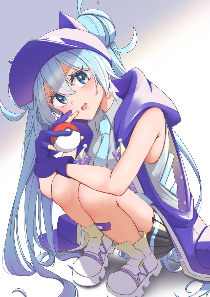 1girl absurdres aqua_eyes aqua_hair aqua_necktie aqua_trim bandaid bandaid_on_leg black_skirt blue_gloves blush collared_shirt double_bun gloves grey_shirt hair_between_eyes hair_bun hat hatsune_miku highres holding holding_poke_ball light_blush long_hair looking_at_viewer mirai_donna_darou_(vocaloid) mochitaro_(mothitaroo) necktie nintendo official_alternate_costume official_alternate_hairstyle open_mouth partially_fingerless_gloves pleated_skirt poke_ball pokemon project_voltage shirt shoes skirt sleeveless sleeveless_shirt smile solo squatting twintails very_long_hair vocaloid white_shoes