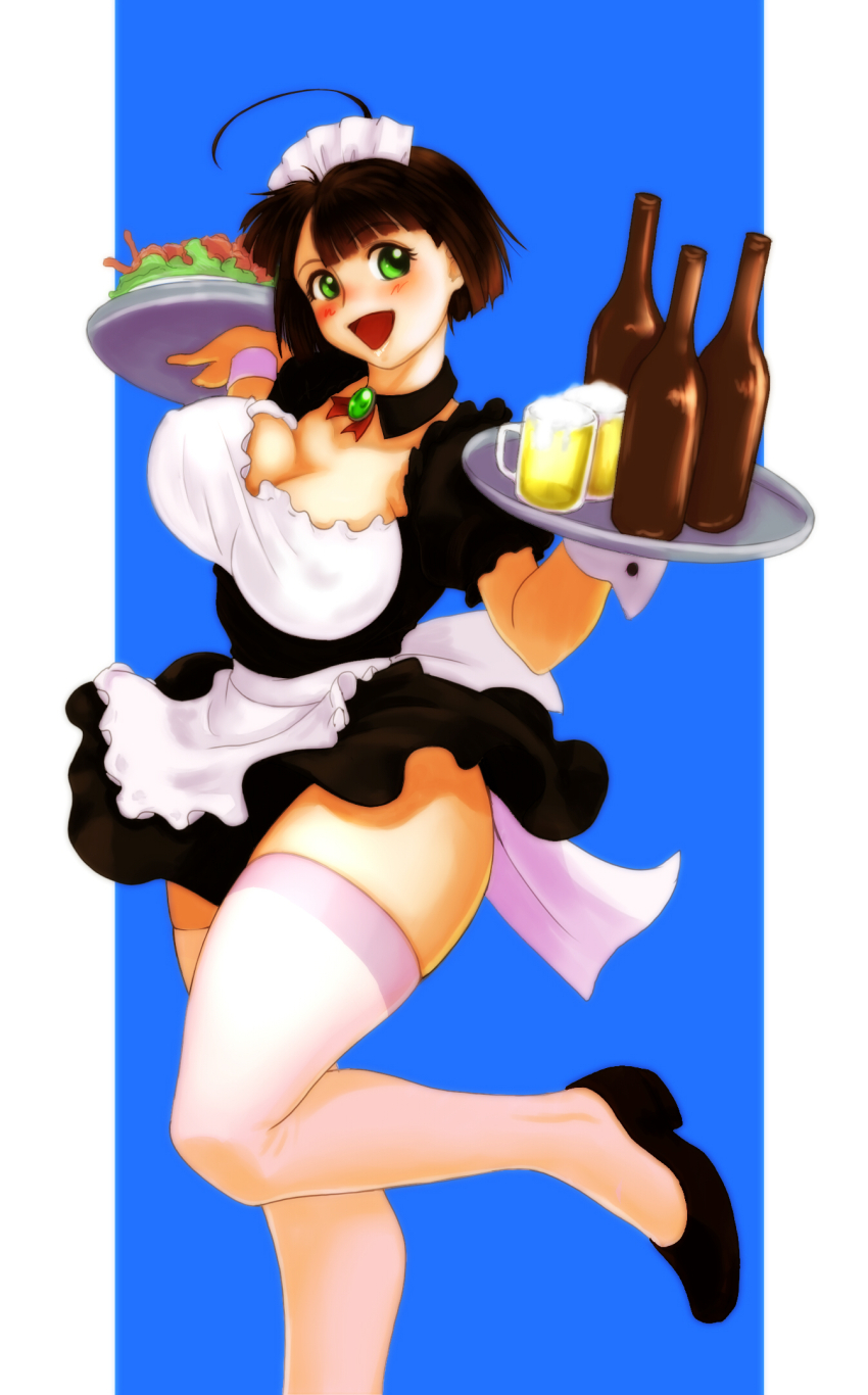 1girl ahoge alcohol apron beer beer_bottle beer_mug black_dress blue_background breasts covered_erect_nipples cup detached_collar dress food frilled_apron frills green_brooch green_eyes harada_makoto highres holding holding_tray looking_to_the_side maid maid_apron maid_headdress mug ookami_makoto open_mouth puffy_short_sleeves puffy_sleeves short_hair short_sleeves smile solo standing standing_on_one_leg thighhighs thighs tray uchuu_senkan_yamato uchuu_senkan_yamato_2199 white_apron white_thighhighs wrist_cuffs
