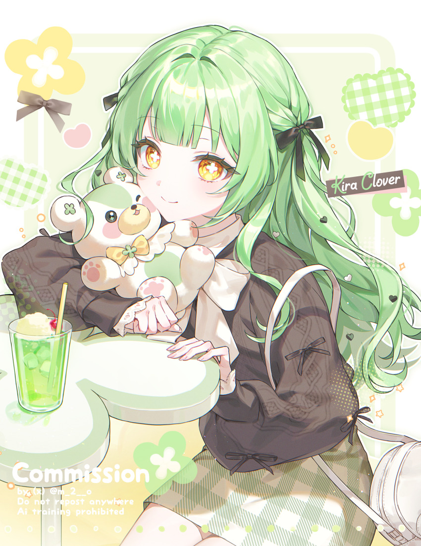 1girl black_ribbon black_shirt blunt_bangs blush chair character_request closed_mouth commentary commission copyright_request cowboy_shot cross-shaped_pupils cup domyo drink drinking_glass drinking_straw green_hair green_skirt hair_ribbon highres long_hair long_sleeves looking_at_viewer plaid_clothes plaid_skirt ribbon shirt sitting skirt smile solo stuffed_animal stuffed_toy symbol-shaped_pupils teddy_bear virtual_youtuber yellow_eyes