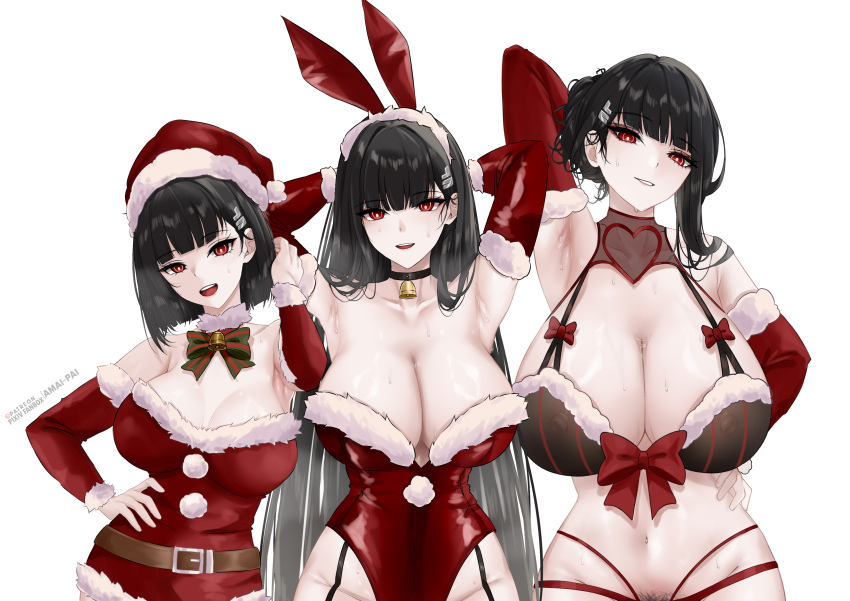 1girl absurdres adjusting_hair amai-pai animal_ears armpits arms_up bare_shoulders bell belt_buckle bikini black_choker black_hair blue_archive blush breasts buckle choker cleavage collarbone detached_collar detached_sleeves dot_nose dress fake_animal_ears female_pubic_hair fur-trimmed_dress fur-trimmed_headwear fur_trim garter_straps hair_behind_ear hair_bun hair_ornament hairclip hand_on_own_hip hands_on_own_head hat heart highleg highleg_leotard highres huge_breasts large_breasts large_nipples leather leotard long_hair looking_at_viewer medium_hair midriff multiple_persona navel neck_bell nipples open_mouth playboy_bunny presenting_armpit pubic_hair pubic_hair_peek rabbit_ears red_dress red_eyes red_leotard rio_(blue_archive) santa_bikini santa_costume santa_dress santa_hat shiny_skin simple_background smile stomach sweat sweatdrop swimsuit teeth tongue very_long_hair white_background