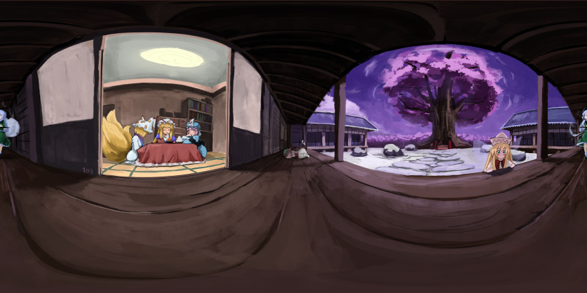 103anon 360_panorama 6+girls absurdres animal_ears artist_name black_bow black_bowtie black_footwear black_hairband black_sash blonde_hair blue_eyes blue_headwear blue_kimono blush blush_stickers bob_cut bookshelf bow bow_hairband bowtie brown_hair capelet cat_ears ceiling_light chen cherry_blossoms closed_eyes closed_mouth collared_shirt commentary_request cup door dress fairy fairy_wings food fox_tail frilled_skirt frills fusuma giant_tree gloves green_eyes green_headwear green_skirt green_vest hairband hakugyokurou hat hat_ribbon highres hitodama holding holding_tray japanese_clothes kimono konpaku_youmu konpaku_youmu_(ghost) lily_white long_hair long_sleeves looking_at_viewer lying mary_janes mob_cap multiple_girls multiple_tails neck_ribbon obi on_side open_mouth panorama peeking_out perfect_cherry_blossom pink_eyes pink_hair puffy_short_sleeves puffy_sleeves purple_dress purple_sky red_bow red_bowtie red_ribbon red_vest ribbon rock saigyouji_yuyuko sash scabbard seiza sheath shirt shoes short_hair short_sleeves shouji sidelocks sitting skirt sky sleeping sleeve_garter sliding_doors snow socks tabard tail teacup touhou tray tree triangular_headpiece two_tails veranda vest wagashi waist_bow walking white_capelet white_dress white_gloves white_hair white_headwear white_shirt white_socks wings yakumo_ran yakumo_yukari