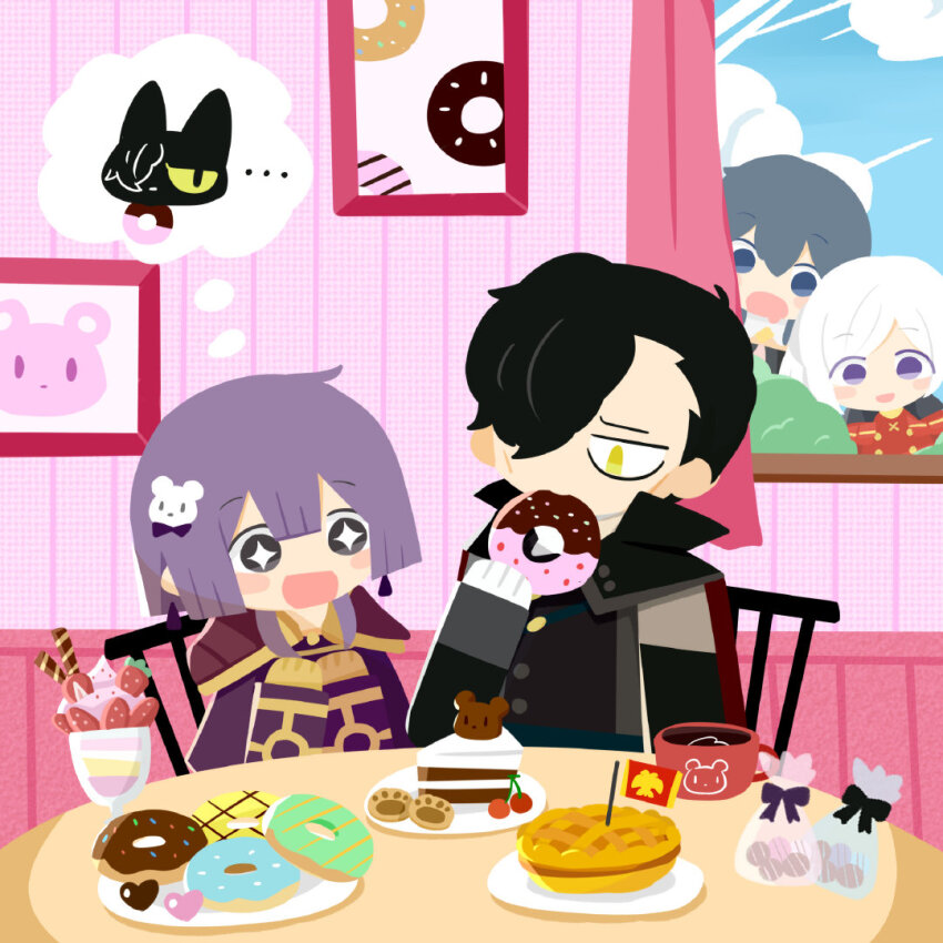 bernadetta_von_varley bernadetta_von_varley_(timeskip) cake chair cookie donut earrings edelgard_von_hresvelg edelgard_von_hresvelg_(timeskip) female_byleth_(fire_emblem) fire_emblem fire_emblem:_three_houses food holding holding_donut holding_food hubert_von_vestra hubert_von_vestra_(timeskip) ice_cream jewelry mifune_miyu_(weibo_5907079617) nintendo open_mouth purple_eyes table