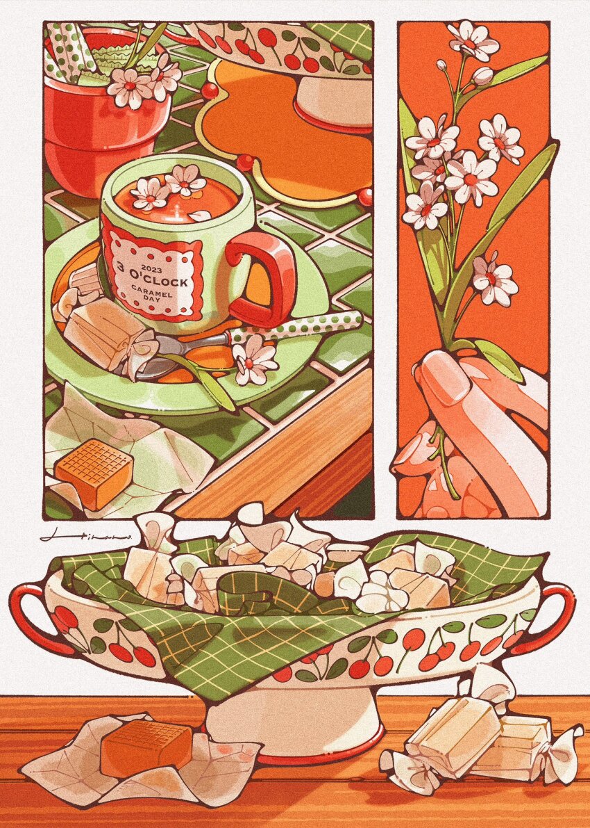 candy candy_wrapper cup fingernails flower food highres holding holding_flower leaf original plate polka_dot spoon tablecloth trym_hinano white_flower