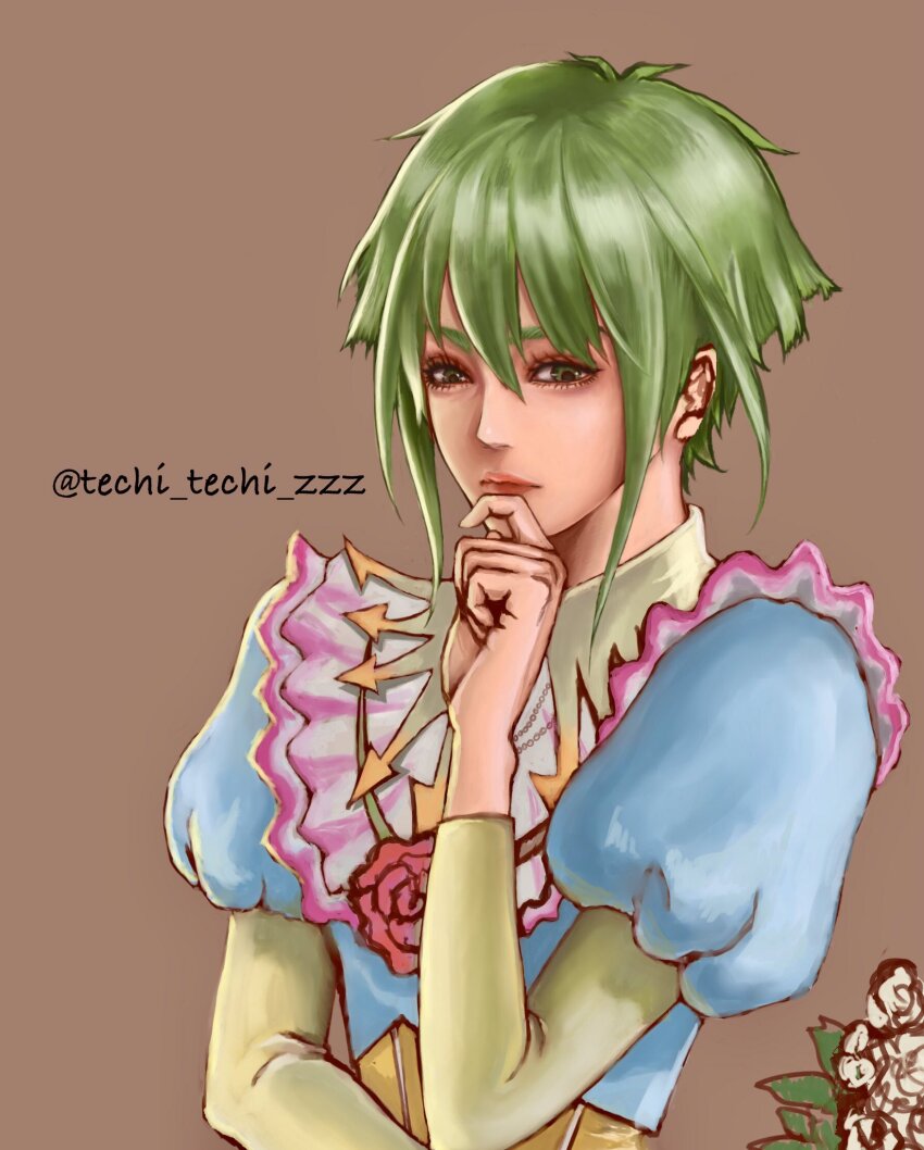 1girl asellus_(saga_frontier) closed_mouth dress flower green_eyes green_hair hand_on_own_chin highres lips looking_at_viewer realistic red_flower red_rose rose saga saga_frontier short_hair simple_background solo techi_techi