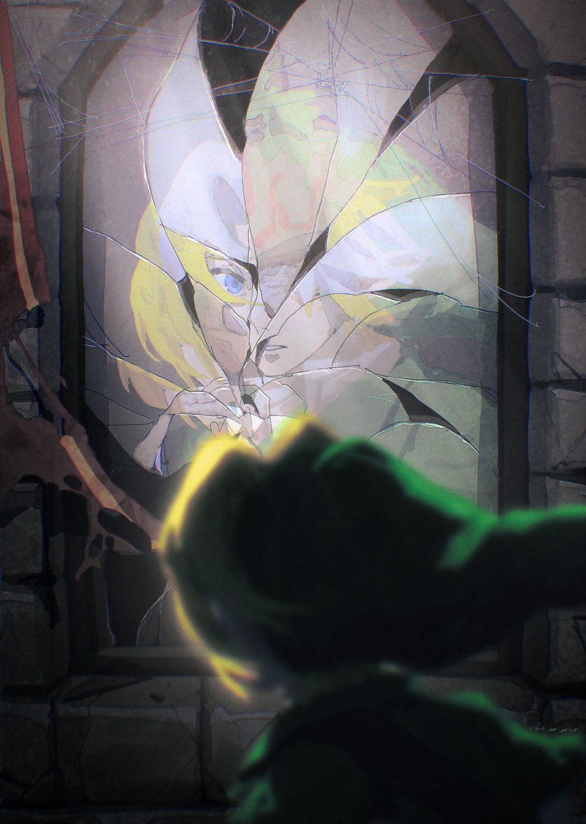 1boy blonde_hair blue_eyes broken_mirror dele14375735 different_reflection green_hat green_tunic hat highres link looking_at_mirror male_focus mirror nintendo pointy_ears reflection short_hair silk solo spider_web the_legend_of_zelda the_legend_of_zelda:_ocarina_of_time time_paradox torn_flag tunic