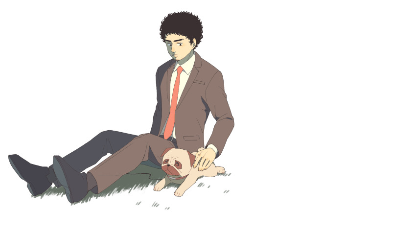 1boy afro apo_(uchuu_kyoudai) beard_stubble black_footwear black_pants black_suit dog facial_hair formal_clothes highres kani6850 male_focus mustache_stubble nanba_mutta necktie pants pug red_necktie short_hair sitting stubble suit uchuu_kyoudai