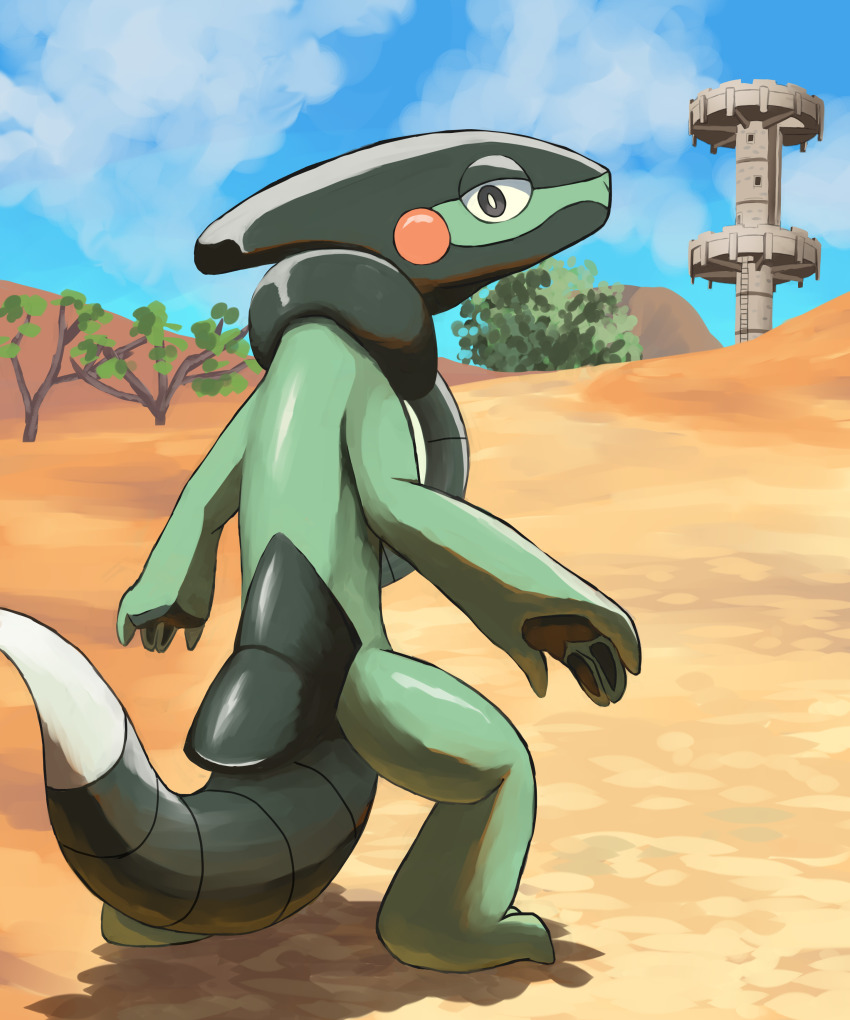absurdres bright_pupils closed_mouth cloud commentary_request cyclizar day from_behind grey_eyes highres jira_(ziraiya26) ladder looking_back nintendo no_humans outdoors pokemon pokemon_(creature) sky solo standing tower