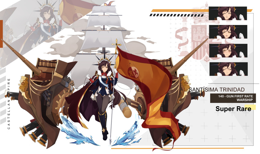 1girl absurdres azur_lane black_pantyhose blue_jacket boots breasts brown_hair cannon cape cookieblade flag gold_trim high_heels highres holding holding_flag jacket long_hair looking_at_viewer medium_breasts military_vehicle multiple_expressions original pantyhose personification purple_boots purple_cape red_cape sail santisima_trinidad ship ship_of_the_line skirt solo spanish_flag warship watercraft white_skirt yellow_eyes