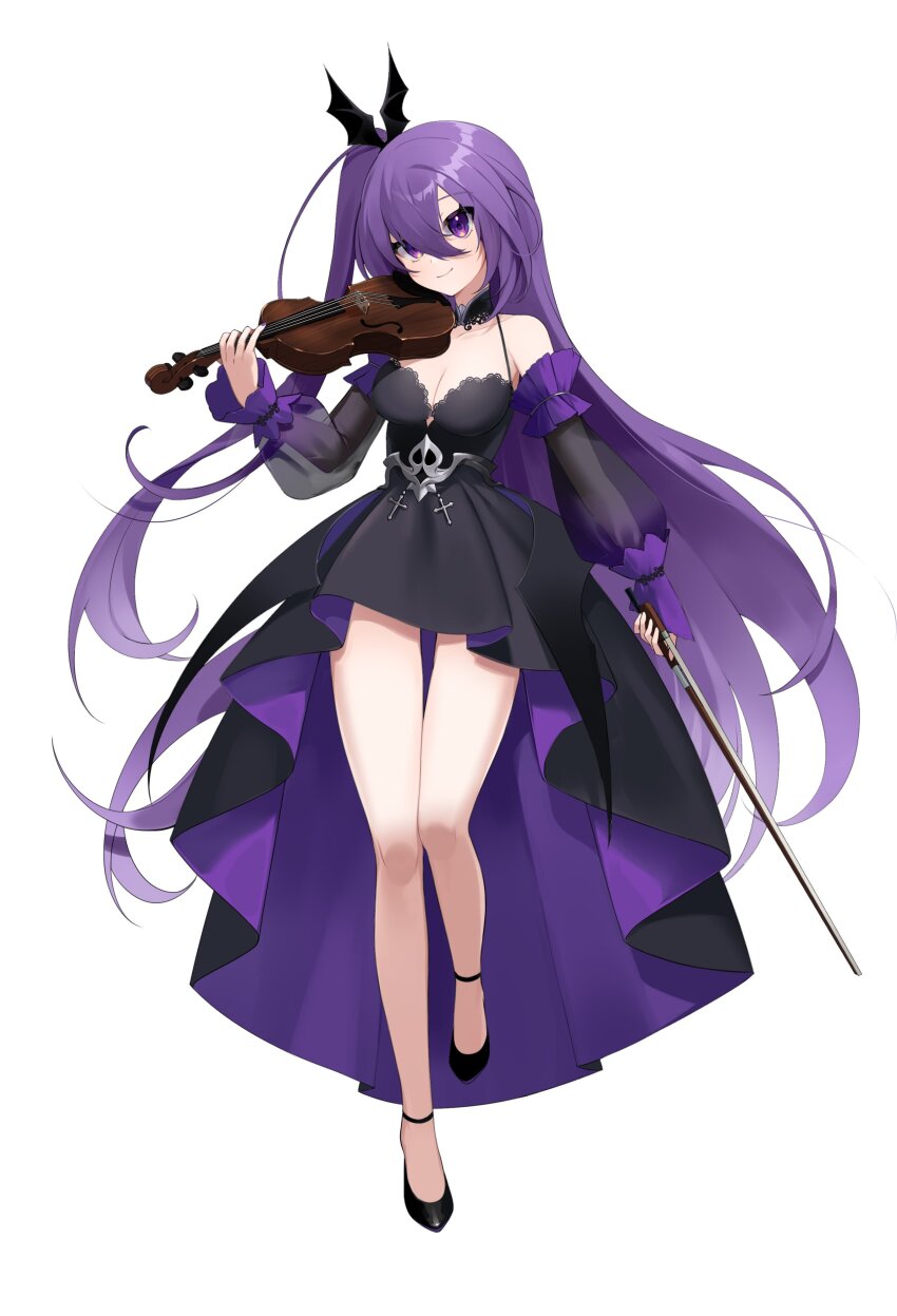 1girl absurdres aisha_landar alternate_costume ankle_strap arm_at_side bare_shoulders bat_hair_ornament black_dress black_shoes bow_(music) breasts cleavage detached_sleeves dress elsword full_body hair_between_eyes hair_ornament halter_dress halterneck hand_up high-low_dress highres holding holding_bow_(music) holding_instrument holding_violin instrument long_hair long_sleeves looking_at_viewer medium_breasts nodap_namaco one_side_up oz_sorcerer_(elsword) puffy_long_sleeves puffy_sleeves purple_dress purple_eyes purple_hair see-through_clothes see-through_sleeves shoes simple_background smile solo standing two-sided_dress two-sided_fabric very_long_hair violin white_background