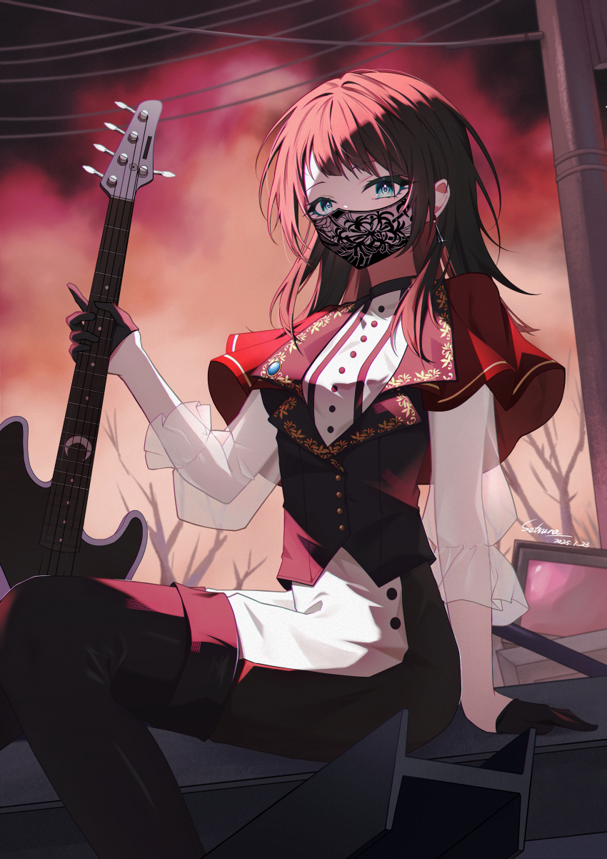1girl 5-string_bass_guitar absurdres bang_dream! bang_dream!_it&#039;s_mygo!!!!! bass_guitar black_boots black_gloves black_mask black_pants black_vest blue_eyes boots cape commentary_request earrings extended_range_bass_guitar gloves highres i-beam instrument jewelry mask medium_hair mouth_mask multicolored_hair pants red_cape see-through_clothes see-through_sleeves setsuna_0430 shirt sitting solo thigh_boots three-quarter_sleeves timoris_(bang_dream!) two-tone_hair vest white_pants white_shirt yahata_umiri