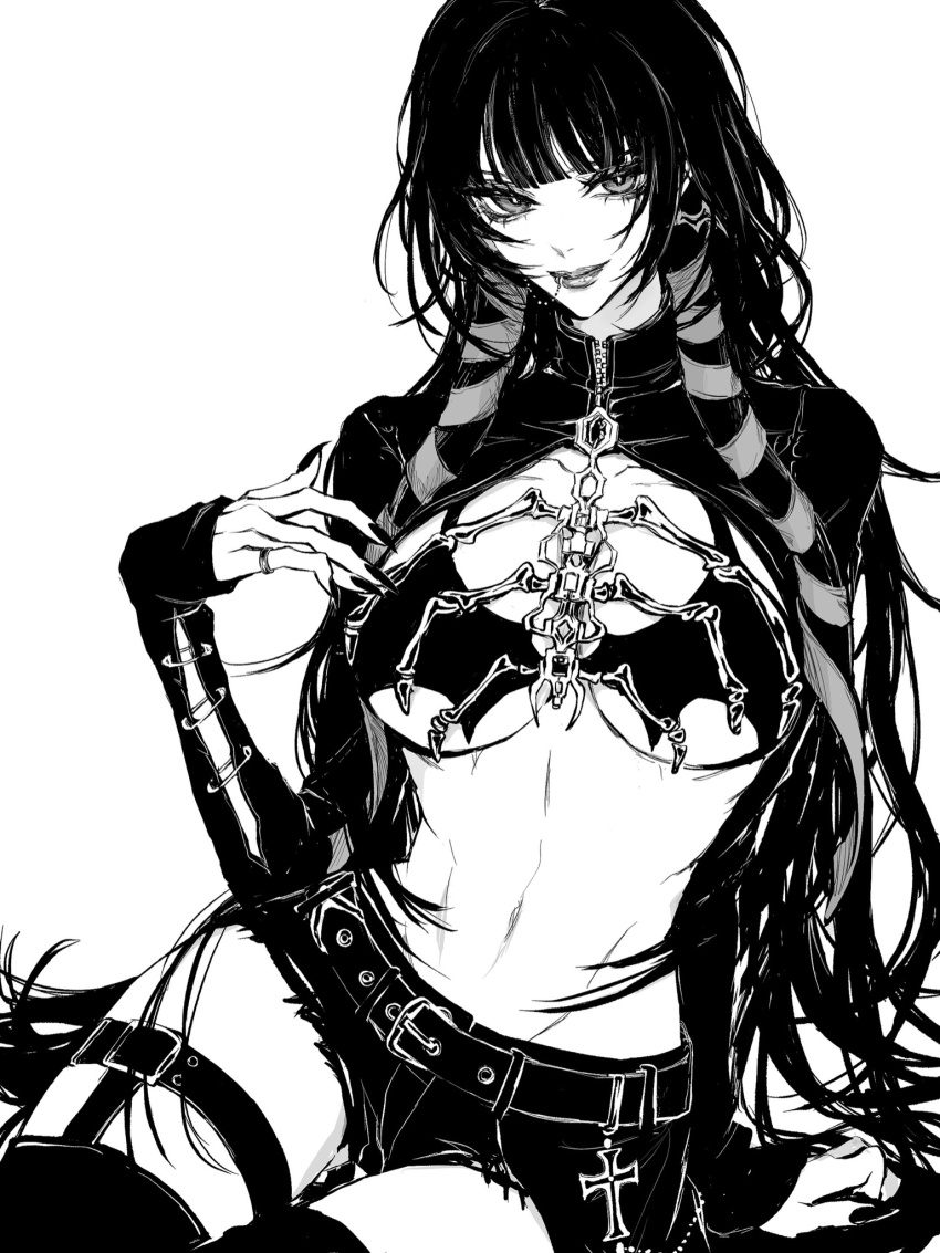 1girl bat_bra belt belt_buckle bra breasts buckle closed_mouth cowboy_shot fingernails greyscale hand_up highres jewelry lips long_hair long_sleeves looking_at_viewer medium_breasts monochrome navel original ring short_shorts shorts shrug_(clothing) simple_background sitting sleeves_past_wrists smile solo stomach teeniika underwear white_background wispy_bangs zipper