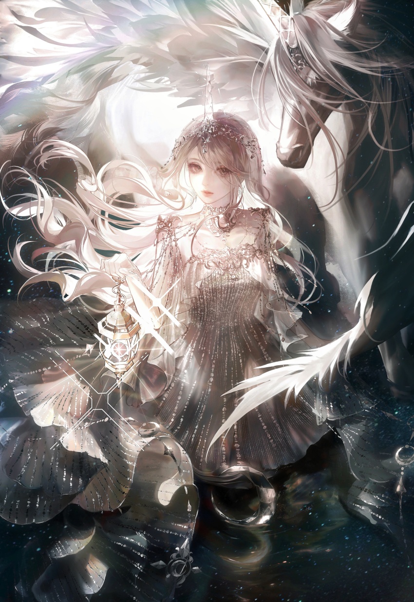 1girl absurdres ad_lunam_(shining_nikki) choker circlet cowboy_shot dress expressionless eyelashes floating_hair grey_eyes highres holding holding_lantern horns jiaopiupiu lantern lipstick long_hair looking_at_viewer makeup nikki_(series) parted_lips pink_lips reflection reflective_water shining_nikki sleeveless sleeveless_dress solo star_(sky) translucent_horns unicorn unicorn_horn very_long_hair wading wavy_hair white_dress white_hair