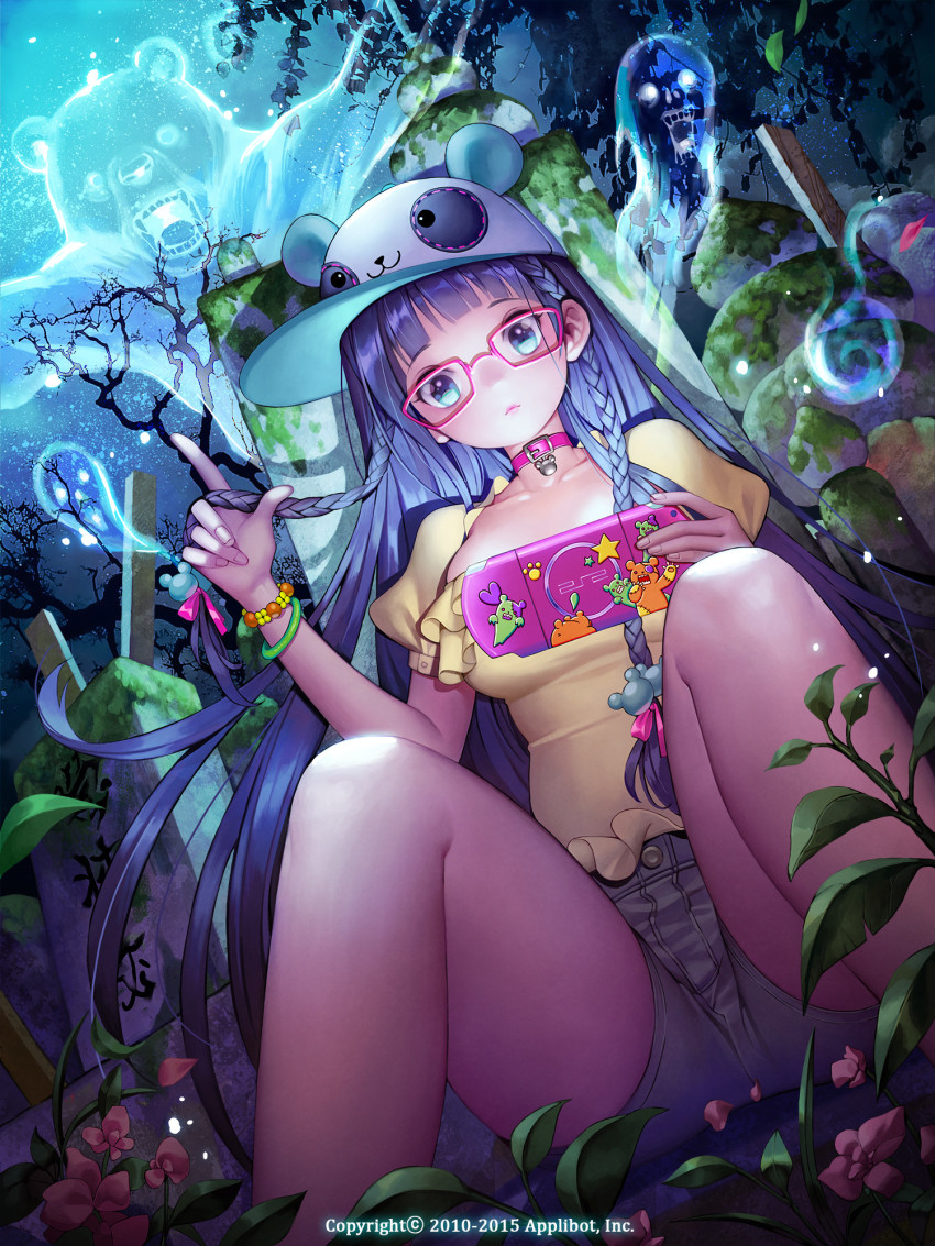 10s 1girl 2010 2015 :3 animal_hat baseball_cap bear blue_eyes braid closed_mouth collar company_name dutch_angle english_text flower frown furyou_michi_~gang_road~ ghost glasses grave handheld_game_console hat highres holding image_sample leaf long_hair night open_mouth osuk2 outstretched_arms playstation_portable puffy_short_sleeves puffy_sleeves purple_hair red-framed_eyewear shirt short_sleeves shorts sitting spirits tree twin_braids very_long_hair watermark yellow_shirt