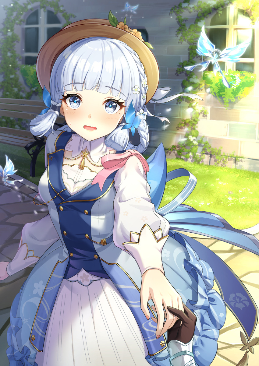2girls absurdres ayaka_(genshin_impact) back_bow blue_dress blue_eyes blunt_bangs blunt_tresses blush bow braid braided_hair_rings breasts brown_headwear building butterfly_hair_ornament buttons collar crystalfly_(genshin_impact) dress flower frilled_dress frills genshin_impact gloves gold_trim grass hair_flower hair_ornament hair_rings hat hat_flower hat_ornament hat_ribbon highres holding holding_hands kamisato_ayaka kamisato_ayaka_(springbloom_missive) leaf_hat_ornament long_dress long_hair long_sleeves lumine_(genshin_impact) medium_breasts mole mole_under_eye multicolored_dress multiple_girls neck_tassel official_alternate_costume official_alternate_hairstyle out_of_frame outdoors outstretched_hand partially_fingerless_gloves pov pov_hands puffy_long_sleeves puffy_sleeves ribbon rice_rabbit22 solo_focus wavy_mouth white_collar white_flower white_ribbon wrist_guards yellow_flower