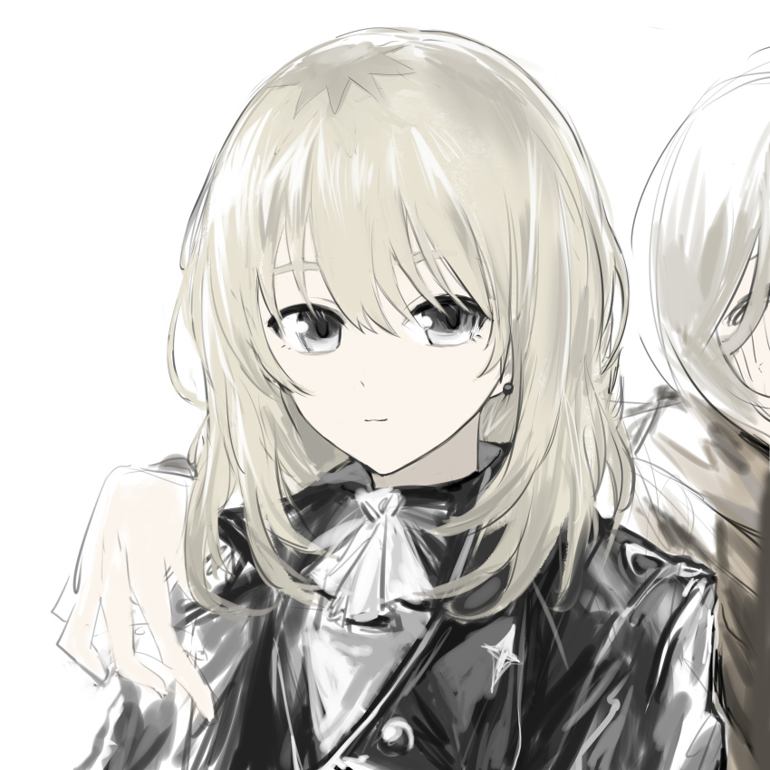 absurdres anli_(jwcpp4sum0mgk5r) ascot black_jacket blush chibi commentary_request earrings girls_band_cry grey_eyes grey_hair hair_between_eyes hand_on_another&#039;s_shoulder highres jacket jewelry kawaragi_momoka long_hair long_hair_between_eyes looking_at_viewer rupa_(girls_band_cry) short_hair upper_body white_ascot white_background