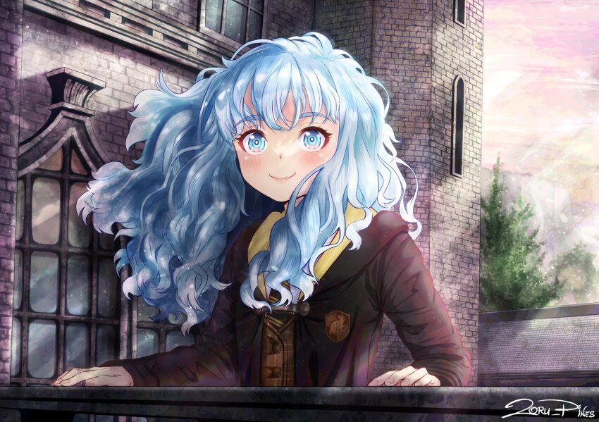 1girl blue_eyes blue_hair fingernails highres hogwarts_legacy hololive hololive_indonesia kobo_kanaeru light_blush long_hair multicolored_eyes multicolored_hair smile solo solo_focus twitter_username virtual_youtuber white_hair wizarding_world zoru_pines