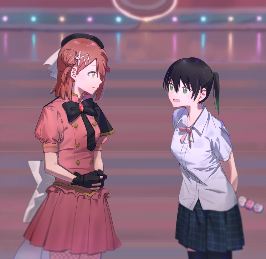 2girls :d absurdres aiscream_presents_topping_live black_gloves black_hair black_skirt black_thighhighs bow breasts buttons collared_shirt commentary_request coral_hair_ornament cowboy_shot double-breasted dress_shirt fingerless_gloves fishnet_pantyhose fishnets gloves hair_ornament hairclip highres holding holding_behind_back looking_at_another looking_at_viewer love_live! love_live!_nijigasaki_high_school_idol_club love_live!_nijigasaki_high_school_idol_club_the_movie_-_finale medium_breasts miniskirt multiple_girls neck_ribbon nijigasaki_school_uniform official_alternate_costume open_mouth pantyhose parallel_hairclips pink_ribbon pink_shirt pink_skirt pleated_skirt puffy_short_sleeves puffy_sleeves ribbon school_uniform shirt short_sleeves skirt smile stage stellar_stream_(love_live!) stota1320 summer_uniform takasaki_yu thighhighs uehara_ayumu white_bow white_shirt