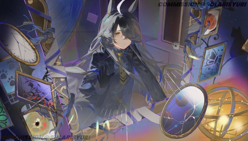 1girl belt black_belt black_coat black_gloves black_hair black_shirt broken_mirror celestial_globe clock coat collared_shirt cup dimension_mirror ear_tag earrings gloves hand_up highres jewelry long_hair long_sleeves manhattan_cafe_(umamusume) mirror mug multicolored_hair necktie open_clothes open_coat picture_frame plant shirt single_earring solarisyuri! solo twitter_username umamusume variant_set very_long_hair vines watermark white_hair yellow_necktie