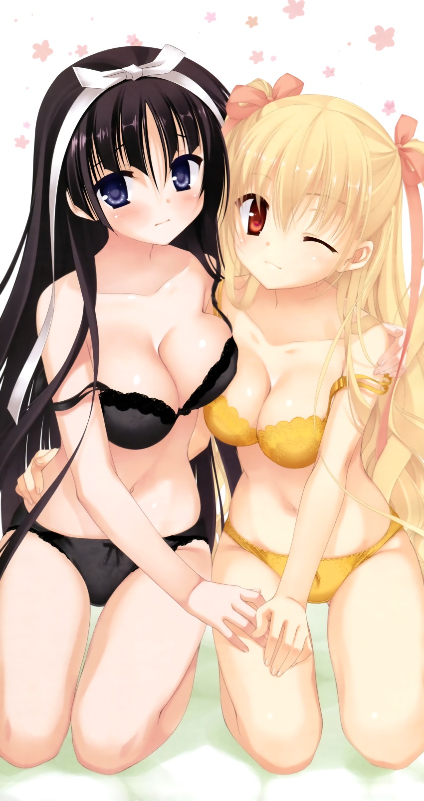 2girls ;) absurdres black_bra black_hair black_panties blonde_hair blue_eyes bra breasts cleavage hidan_no_aria highres hotogi_shirayuki kneeling kobuichi lace lace-trimmed_bra lace_trim mine_riko multiple_girls one_eye_closed orange_eyes panties smile underwear underwear_only wink yellow_bra yellow_panties