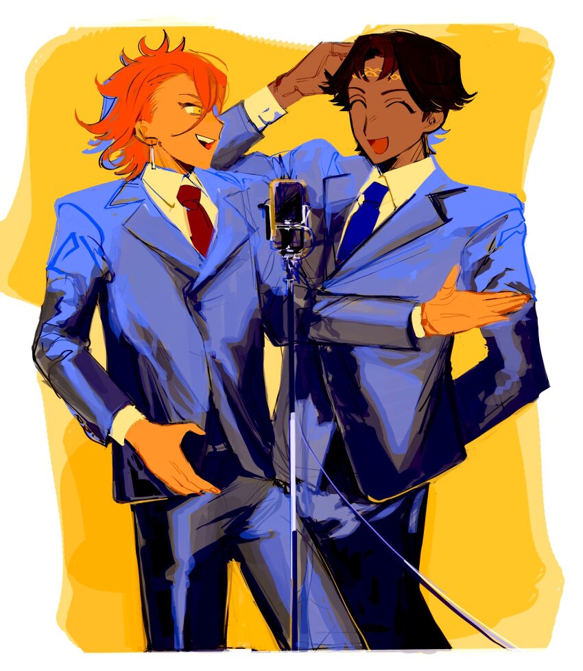 2boys blue_necktie dark-skinned_male dark_skin earrings fire_emblem fire_emblem_engage fogado_(fire_emblem) formal_clothes highres jewelry microphone_stand mochako_(motyako_1005) multiple_boys necktie nintendo orange_hair pandreo_(fire_emblem) red_necktie suit yellow_eyes