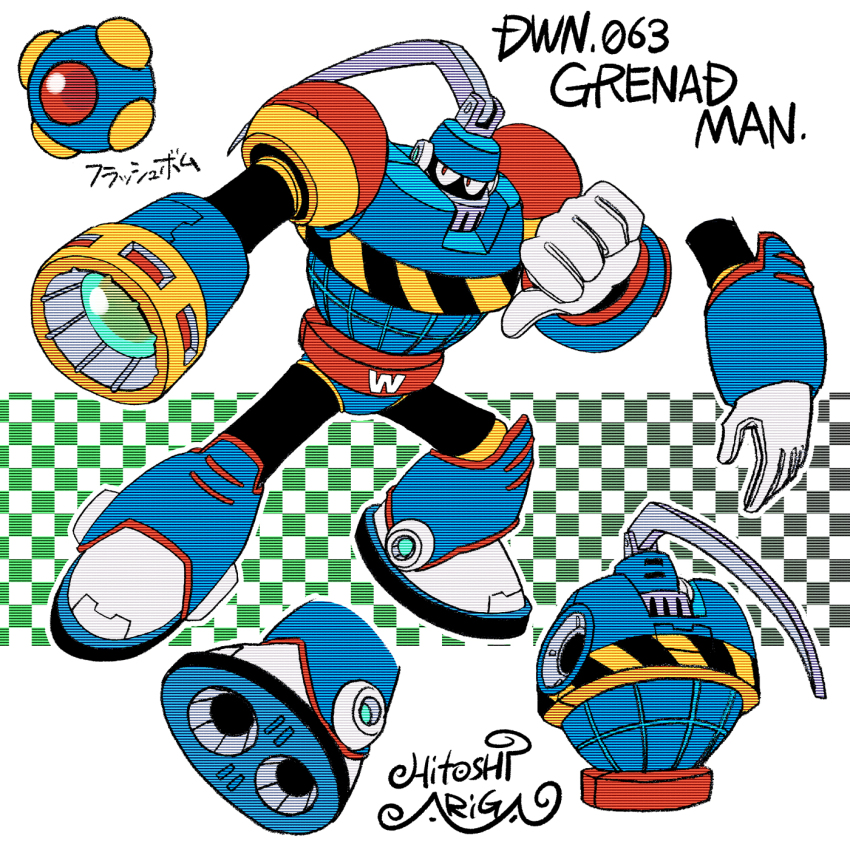 1boy ariga_hitoshi arm_cannon armor artist_name ball belt black_bodysuit blue_armor blue_footwear bodysuit bomb boots breastplate character_name checkered_background commentary_request concept_art diagonal-striped_clothes explosive from_behind full_body gloves gradient_background green_background grenade_man helmet highres humanoid_robot joints knee_boots lever looking_ahead looking_to_the_side male_focus mega_man_(classic) mega_man_(series) mega_man_8 mega_man_megamix multiple_views no_humans red_armor red_belt red_eyes reference_sheet robot robot_ears robot_joints scanlines shoe_soles shoulder_armor signature simple_background standing striped_clothes thumbs_down translated turnaround upper_body weapon white_background white_gloves