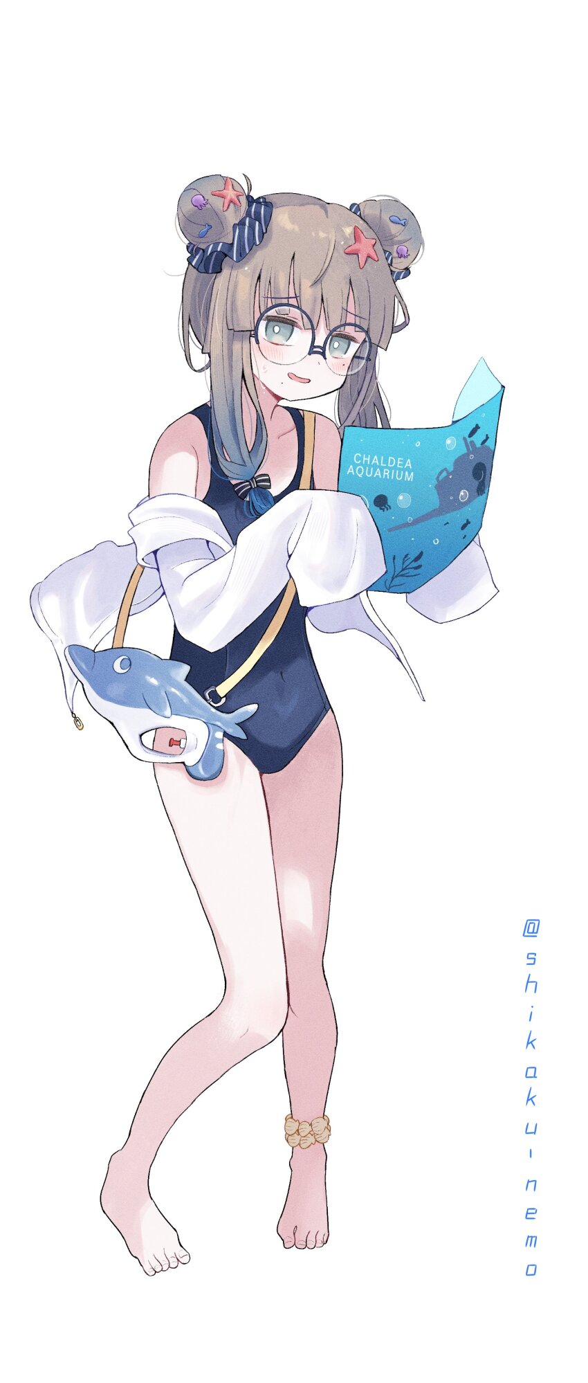 absurdres barefoot blush brown_hair covered_navel double_bun fate/grand_order fate_(series) glasses gradient_hair hair_bun highres jacket jacket_over_swimsuit long_hair mole mole_under_eye mole_under_mouth multicolored_hair nemo_(fate) professor_nemo_(fate) school_swimsuit shikaku_nemo starfish_hair_ornament swimsuit twitter_username water_gun white_jacket