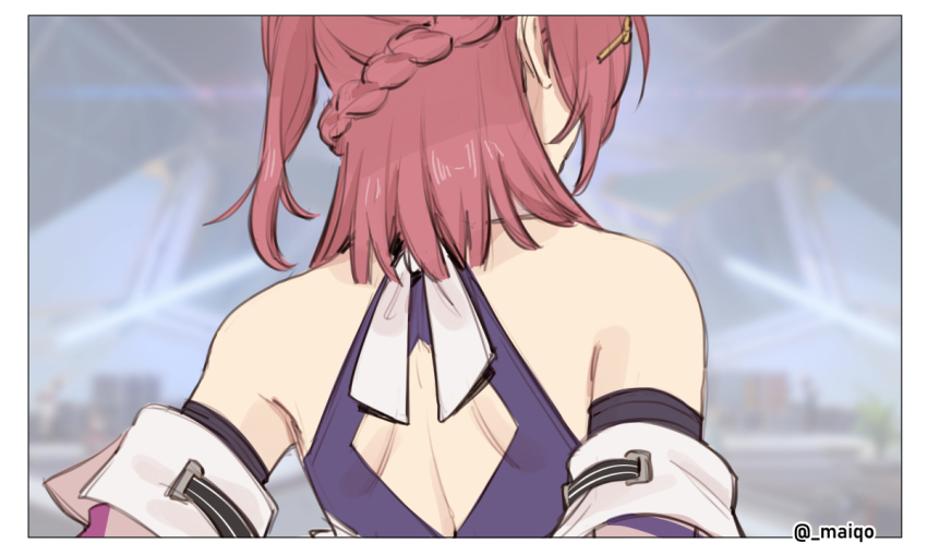 1girl 1koma asta_(honkai:_star_rail) back bare_shoulders braid comic commentary detached_sleeves english_commentary honkai:_star_rail honkai_(series) indoors maiqo pink_hair segmented_comic short_hair side_ponytail solo space_station twitter_username upper_body