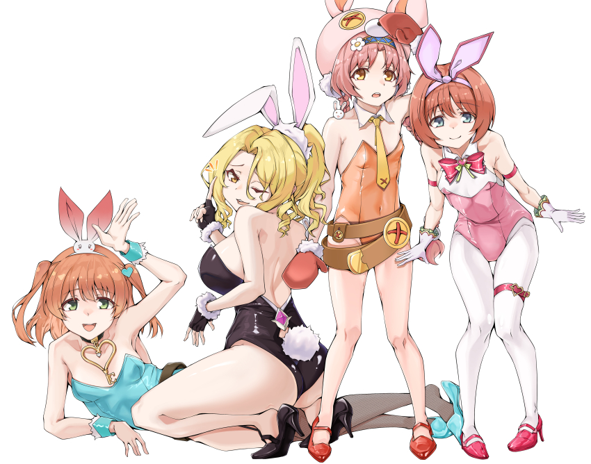4girls absurdres animal_ears bare_legs christina_(princess_connect!) elec_(handsomeic) fake_animal_ears fake_tail high_heels highres kurumi_(princess_connect!) leotard mimi_(princess_connect!) multiple_girls pantyhose playboy_bunny princess_connect! rabbit_ears rabbit_tail rino_(princess_connect!) tail white_background white_pantyhose