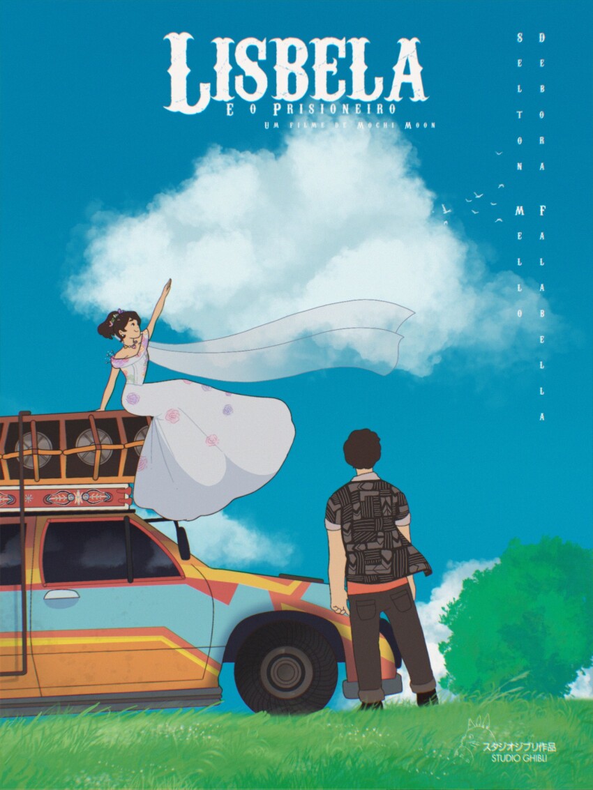 1boy 1girl black_vest brown_hair brown_pants car cleavage_cutout clothing_cutout cloud copyright_name dress floral_print hand_up high_ponytail highres jewelry leleu_(lisbela_e_o_prisioneiro) lisbela_(lisbela_e_o_prisioneiro) lisbela_e_o_prisioneiro logo motor_vehicle necklace on_roof orange_shirt pants ponytail portuguese_text poxamarquinhos shirt short_sleeves sitting_on_roof sleeveless sleeveless_dress sleeves_rolled_up studio_ghibli studio_ghibli_(style) totoro veil vertical_text vest white_dress white_veil